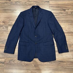 Jos A Bank Traveler Tailored Fit Grey Blue Plaid 100% Wool Blazer Sport Coat 41L